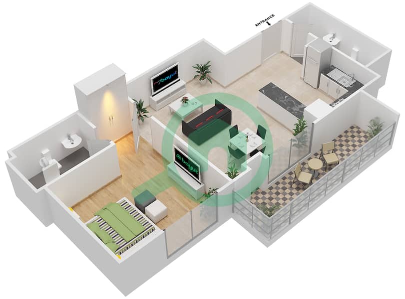 المخططات الطابقية لتصميم النموذج 17 شقة 1 غرفة نوم - بيلا روز interactive3D