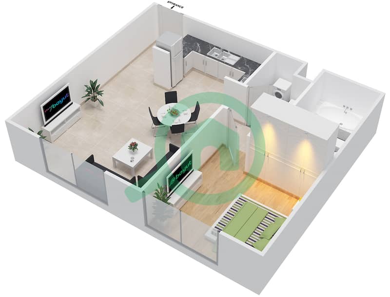 المخططات الطابقية لتصميم النموذج A شقة 1 غرفة نوم - بدرة interactive3D