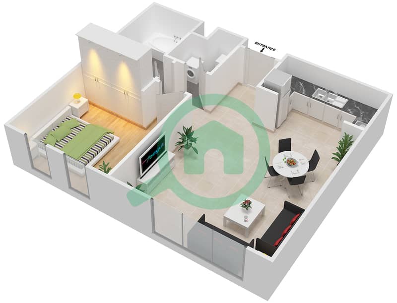 المخططات الطابقية لتصميم النموذج B شقة 1 غرفة نوم - بدرة interactive3D
