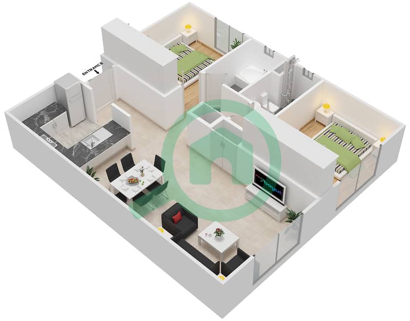 المخططات الطابقية لتصميم النموذج A شقة 2 غرفة نوم - بدرة interactive3D