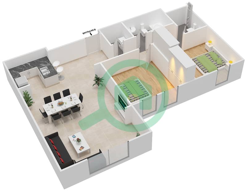 المخططات الطابقية لتصميم النموذج B شقة 2 غرفة نوم - بدرة interactive3D