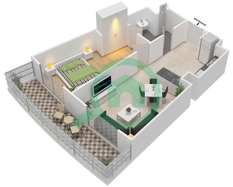 娇艳玫瑰公寓 - 1 卧室公寓类型16戶型图 interactive3D