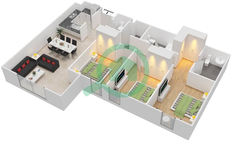 المخططات الطابقية لتصميم النموذج A شقة 3 غرف نوم - بدرة interactive3D