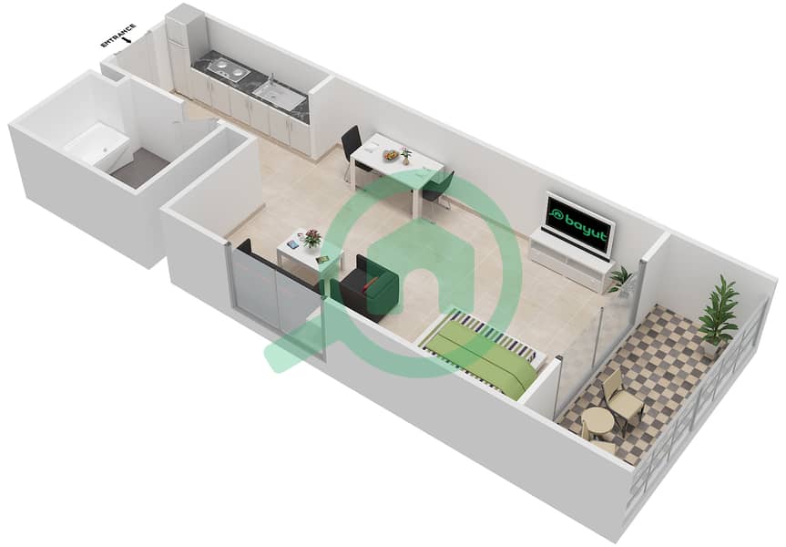 المخططات الطابقية لتصميم النموذج A شقة استوديو - فوردايركشن ريزيدنس 1 interactive3D