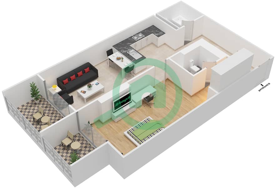 四方1号公寓 - 1 卧室公寓类型A戶型图 interactive3D