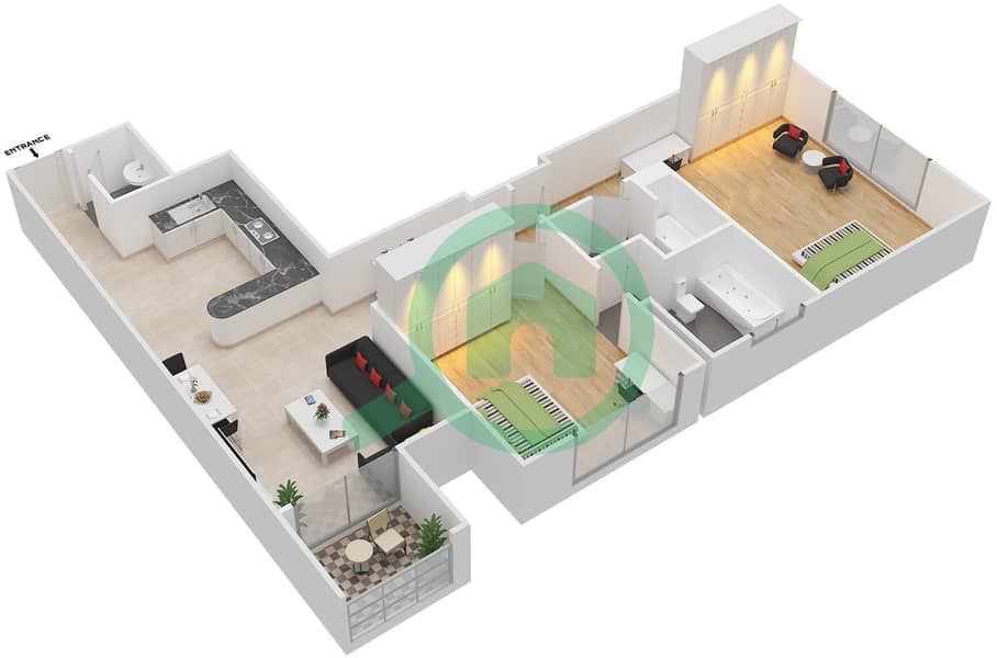 المخططات الطابقية لتصميم النموذج A شقة 2 غرفة نوم - فوردايركشن ريزيدنس 1 interactive3D