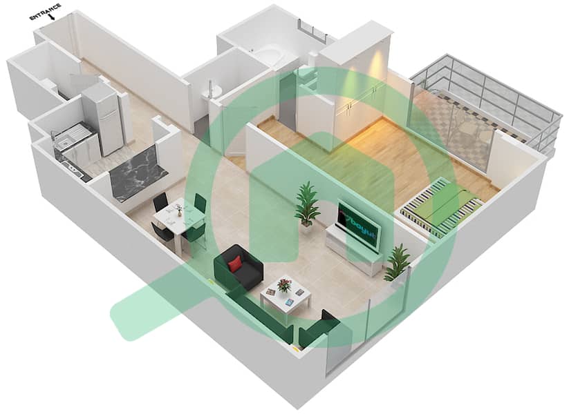 المخططات الطابقية لتصميم الوحدة 203 شقة 1 غرفة نوم - كيو بوينت interactive3D