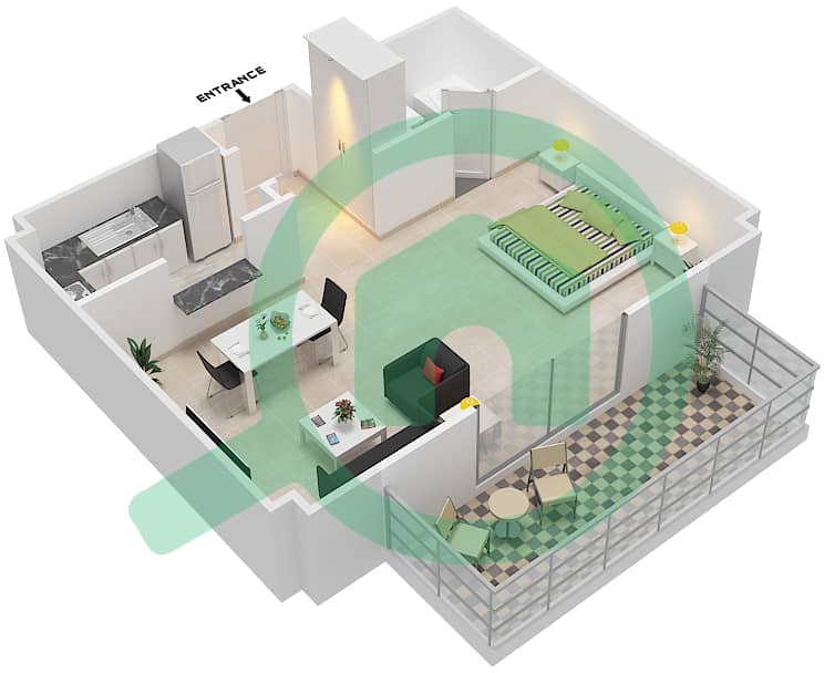 المخططات الطابقية لتصميم الوحدة 204 شقة استوديو - كيو بوينت interactive3D