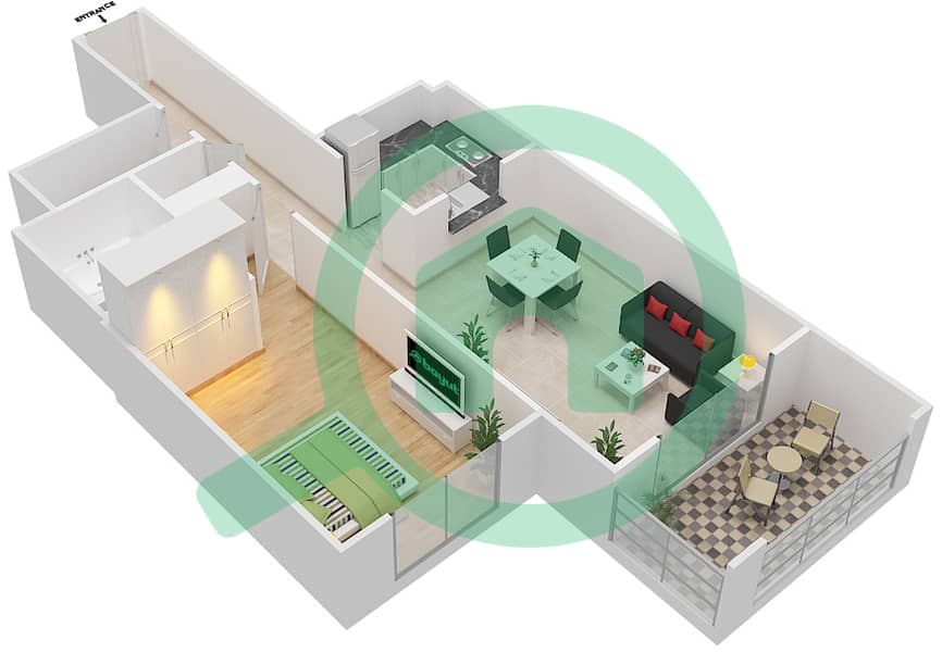 المخططات الطابقية لتصميم الوحدة 101 FLOOR 1-11 شقة 1 غرفة نوم - كيو بوينت interactive3D