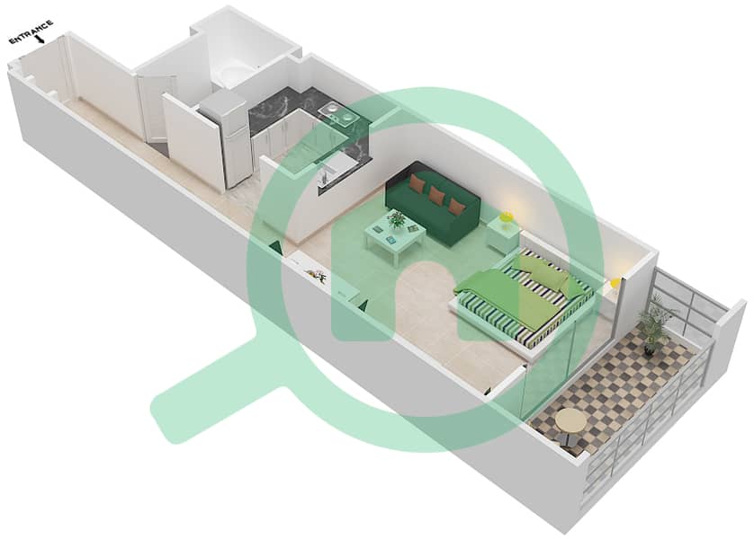 المخططات الطابقية لتصميم الوحدة 107 شقة استوديو - كيو بوينت interactive3D