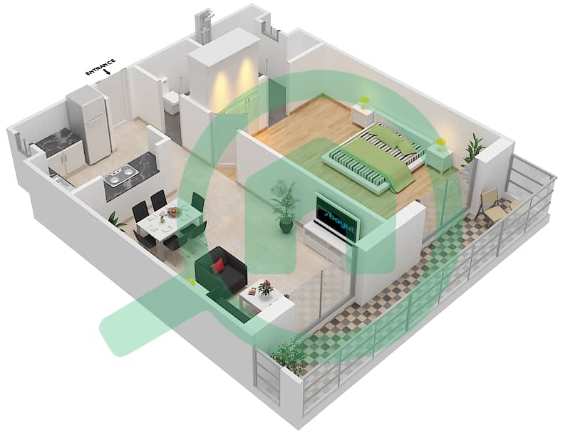المخططات الطابقية لتصميم الوحدة 3,5,14 شقة 1 غرفة نوم - ارابيان جيت 1 interactive3D