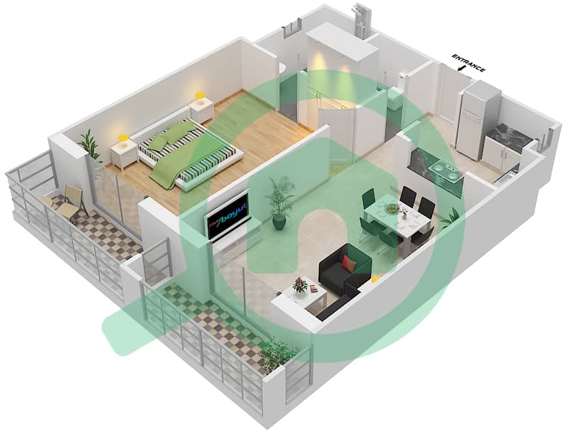 المخططات الطابقية لتصميم الوحدة 4,13,15 شقة 1 غرفة نوم - ارابيان جيت 1 interactive3D