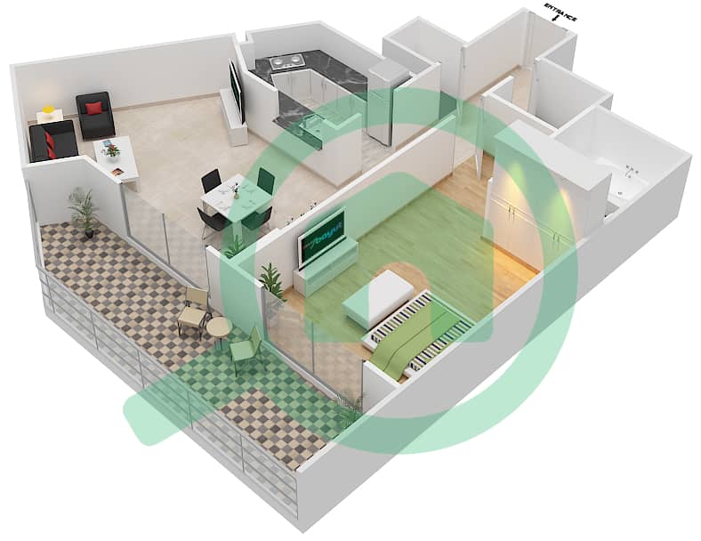 المخططات الطابقية لتصميم الوحدة 201 FLOOR 1-9 شقة 1 غرفة نوم - كيو بوينت interactive3D