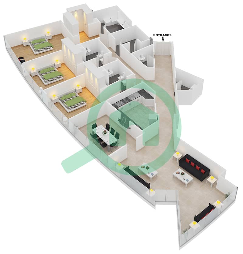 المخططات الطابقية لتصميم النموذج E1 شقة 3 غرف نوم - بن جمعة 5 interactive3D