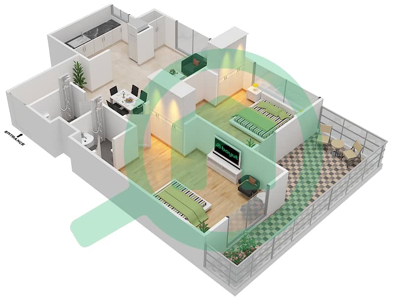 阿拉伯之门1号社区 - 2 卧室公寓单位2戶型图 interactive3D