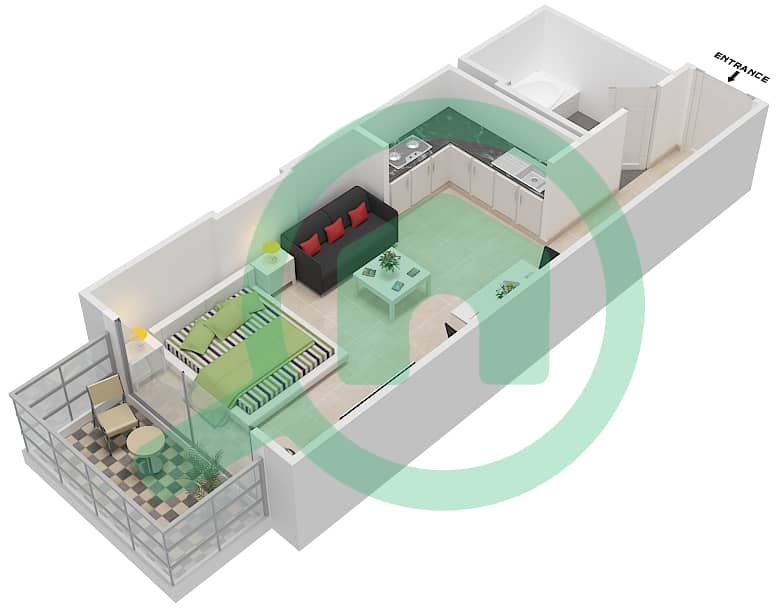 المخططات الطابقية لتصميم الوحدة 203 شقة استوديو - كيو بوينت interactive3D