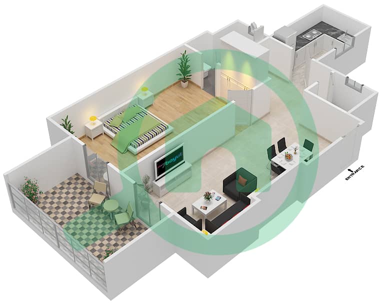 المخططات الطابقية لتصميم الوحدة 9 شقة 1 غرفة نوم - ارابيان جيت 1 interactive3D
