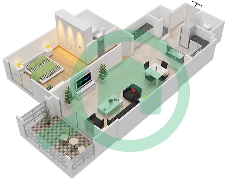 Кью Пойнт - Апартамент 1 Спальня планировка Единица измерения 101 interactive3D