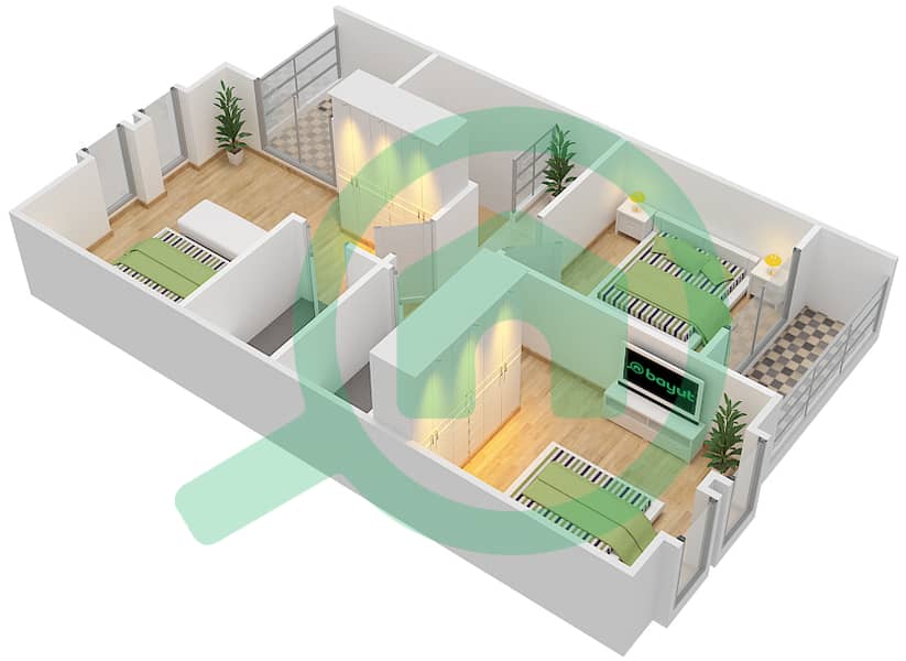 المخططات الطابقية لتصميم النموذج A تاون هاوس 3 غرف نوم - صحارى ميدوز 1 interactive3D