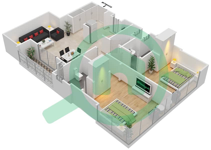 阿拉伯之门1号社区 - 2 卧室公寓单位8戶型图 interactive3D
