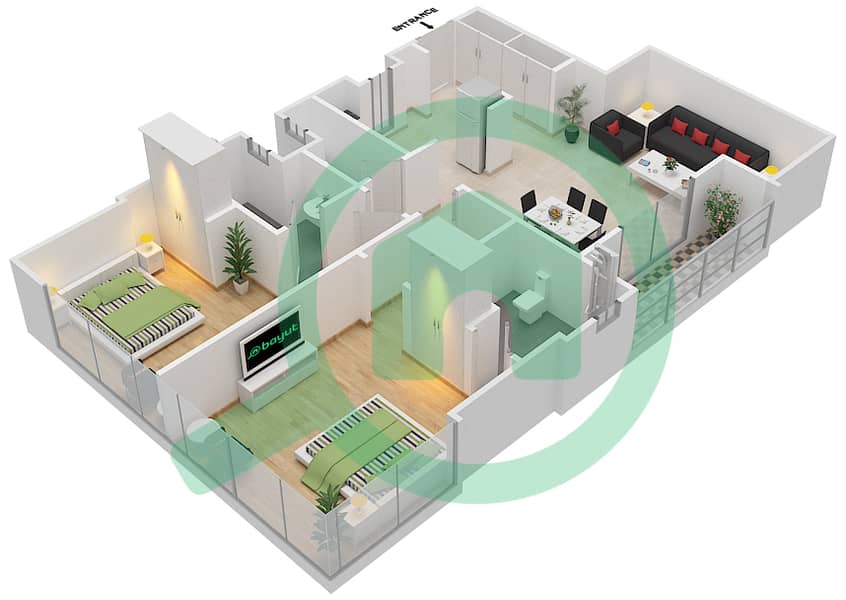 阿拉伯之门1号社区 - 2 卧室公寓单位10戶型图 interactive3D