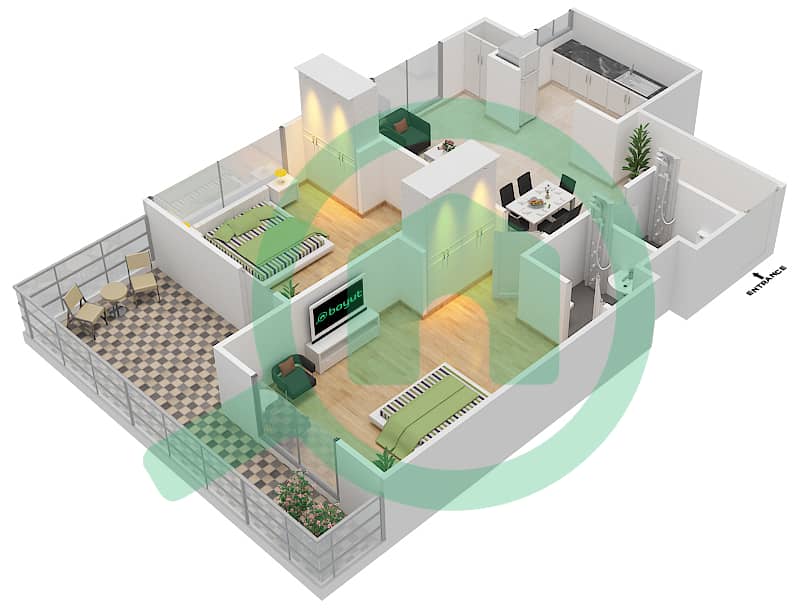 阿拉伯之门1号社区 - 2 卧室公寓单位16戶型图 interactive3D