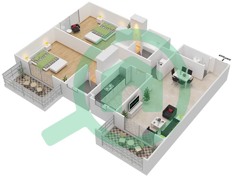 المخططات الطابقية لتصميم الوحدة 209 شقة 2 غرفة نوم - كيو بوينت interactive3D
