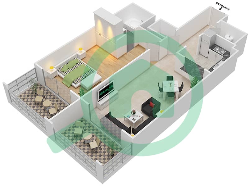 المخططات الطابقية لتصميم الوحدة 201 شقة 1 غرفة نوم - كيو بوينت interactive3D