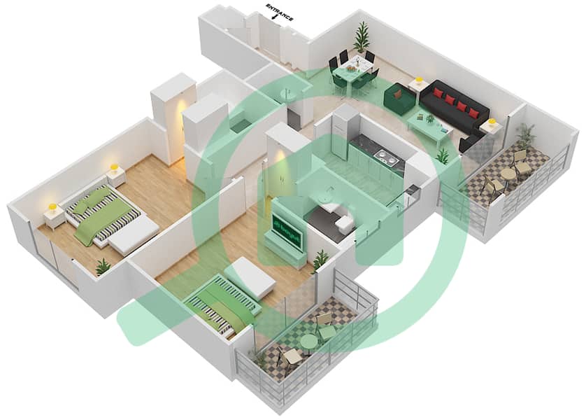 المخططات الطابقية لتصميم الوحدة 108 شقة 2 غرفة نوم - كيو بوينت interactive3D