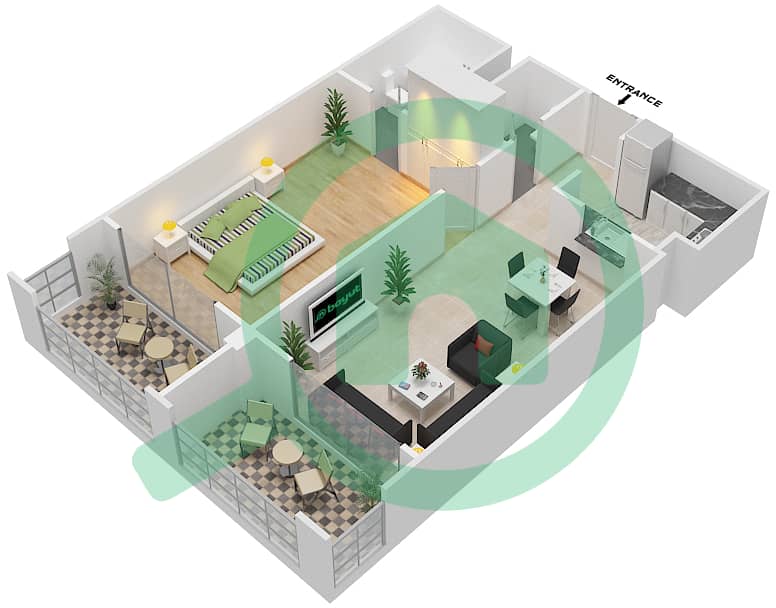 المخططات الطابقية لتصميم الوحدة 103 شقة 1 غرفة نوم - كيو بوينت interactive3D