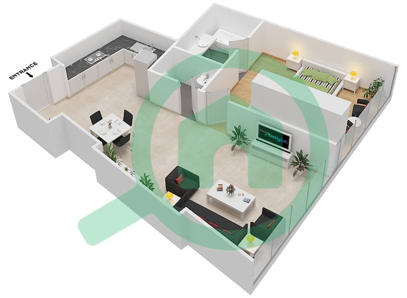 المخططات الطابقية لتصميم النموذج B شقة 1 غرفة نوم - برج هيليانا interactive3D