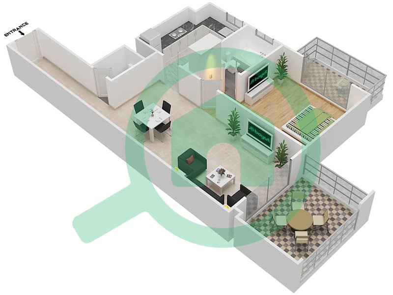 纵横焦点公寓大楼 - 1 卧室公寓单位102戶型图 interactive3D