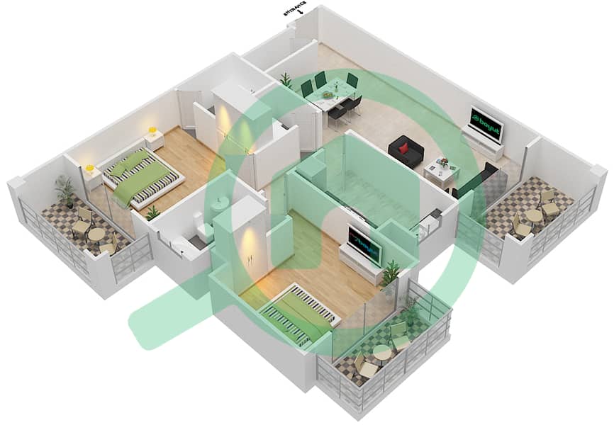 المخططات الطابقية لتصميم الوحدة 210 شقة 2 غرفة نوم - كيو بوينت interactive3D