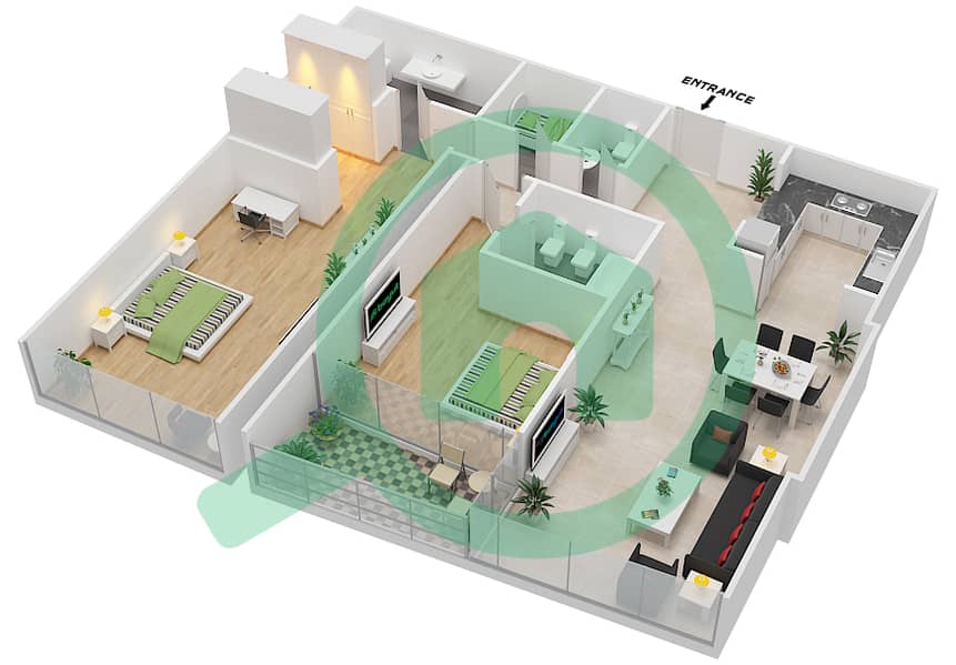 المخططات الطابقية لتصميم النموذج A شقة 2 غرفة نوم - برج هيليانا interactive3D