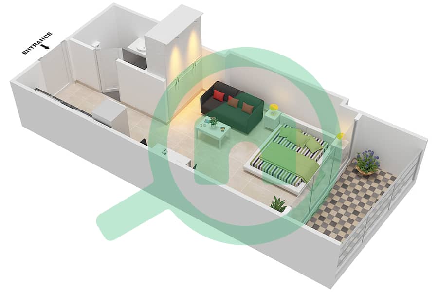 المخططات الطابقية لتصميم النموذج A شقة استوديو - برج هيليانا interactive3D