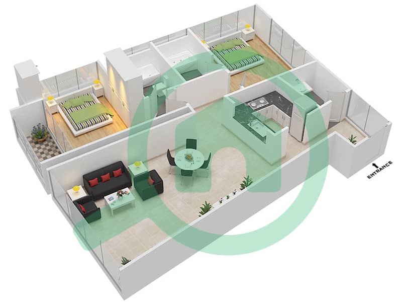 المخططات الطابقية لتصميم النموذج C شقة 2 غرفة نوم - برج هيليانا interactive3D