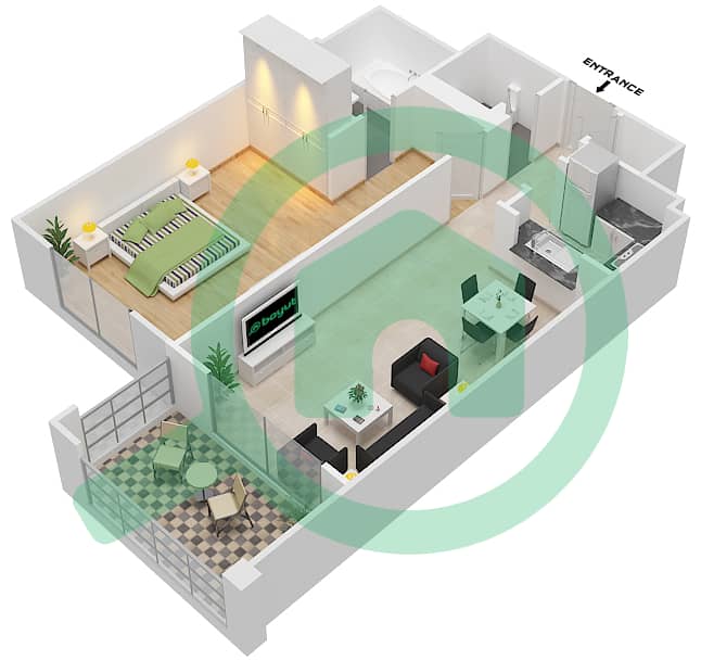 纵横焦点公寓大楼 - 1 卧室公寓单位205戶型图 interactive3D