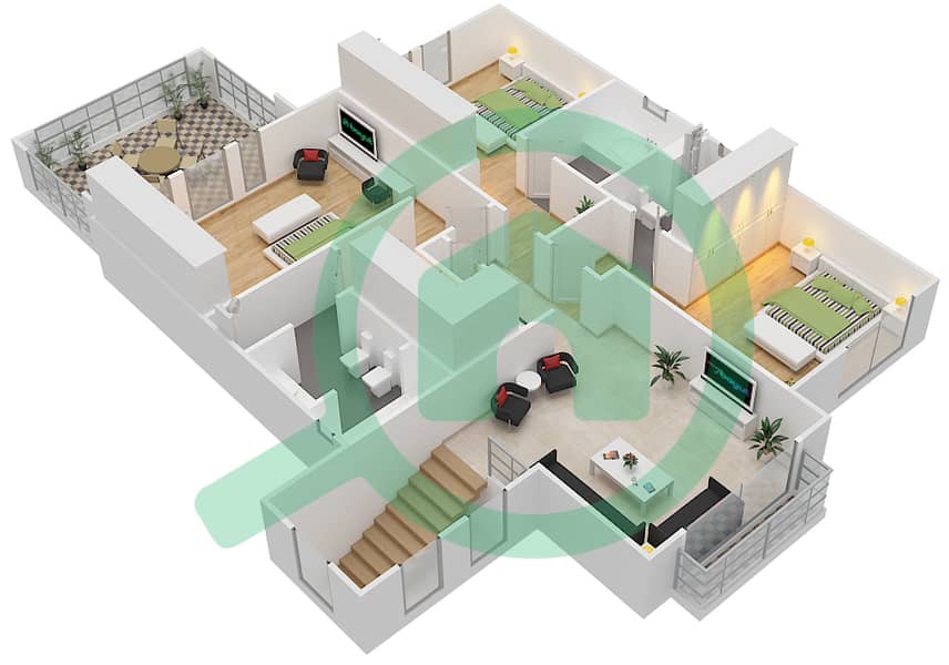 المخططات الطابقية لتصميم النموذج 3VL فیلا 3 غرف نوم - ريجينال First Floor interactive3D