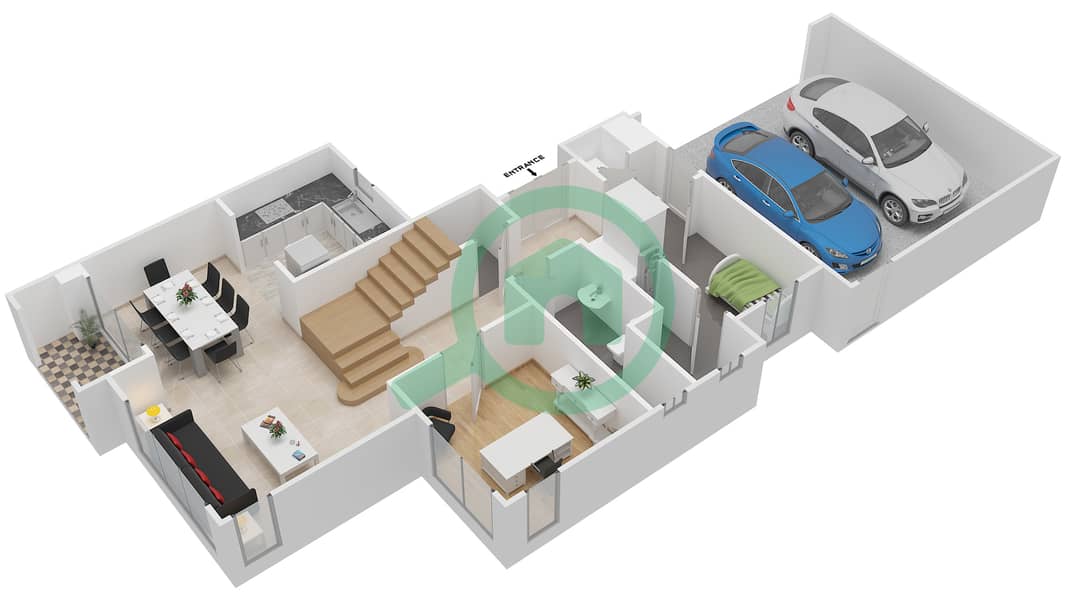 المخططات الطابقية لتصميم النموذج B تاون هاوس 3 غرف نوم - واحة ميرا 1 interactive3D