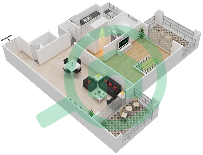 المخططات الطابقية لتصميم الوحدة 202 شقة 1 غرفة نوم - كيو بوينت interactive3D