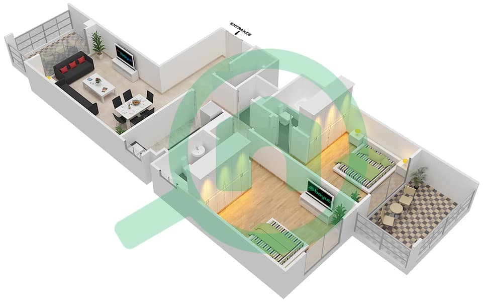 Кью Пойнт - Апартамент 2 Cпальни планировка Единица измерения 103 interactive3D