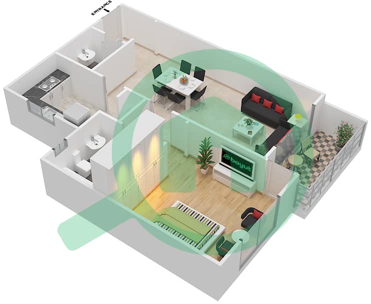المخططات الطابقية لتصميم النموذج A شقة 1 غرفة نوم - J5 interactive3D