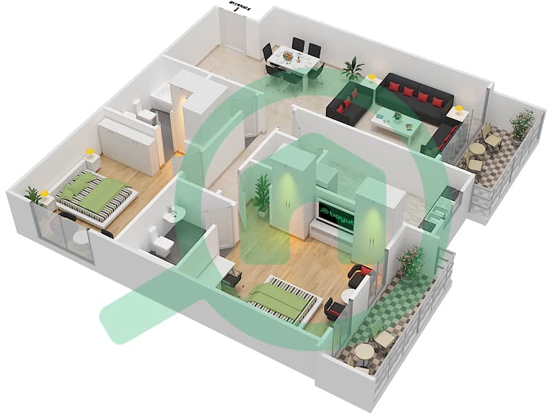 المخططات الطابقية لتصميم النموذج B شقة 2 غرفة نوم - J5 interactive3D