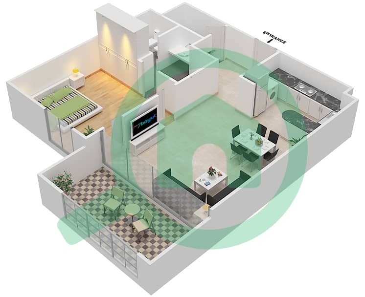 المخططات الطابقية لتصميم النموذج 1 شقة 1 غرفة نوم - شقق البحيرة A interactive3D