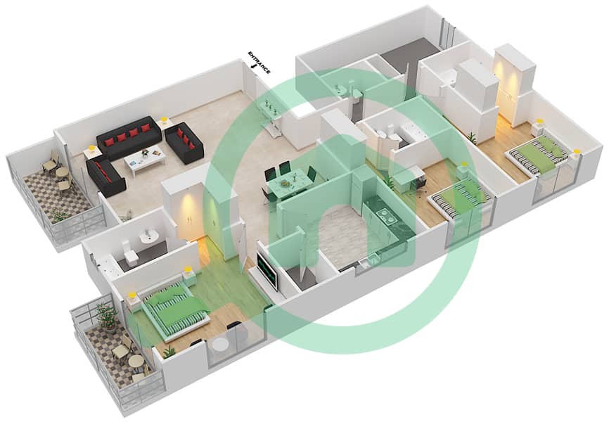 المخططات الطابقية لتصميم النموذج C شقة 3 غرف نوم - J5 interactive3D