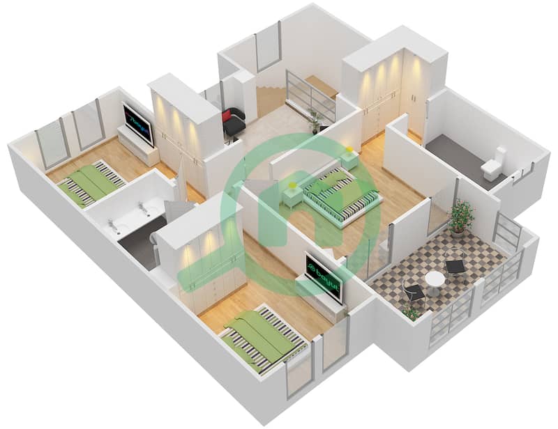 المخططات الطابقية لتصميم النموذج C تاون هاوس 3 غرف نوم - واحة ميرا 1 interactive3D