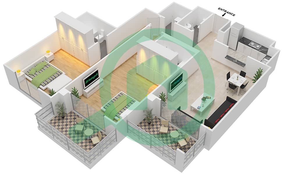 المخططات الطابقية لتصميم الوحدة 102 شقة 2 غرفة نوم - كيو بوينت interactive3D