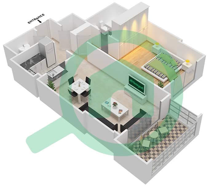 Кью Пойнт - Апартамент 1 Спальня планировка Единица измерения 104 interactive3D