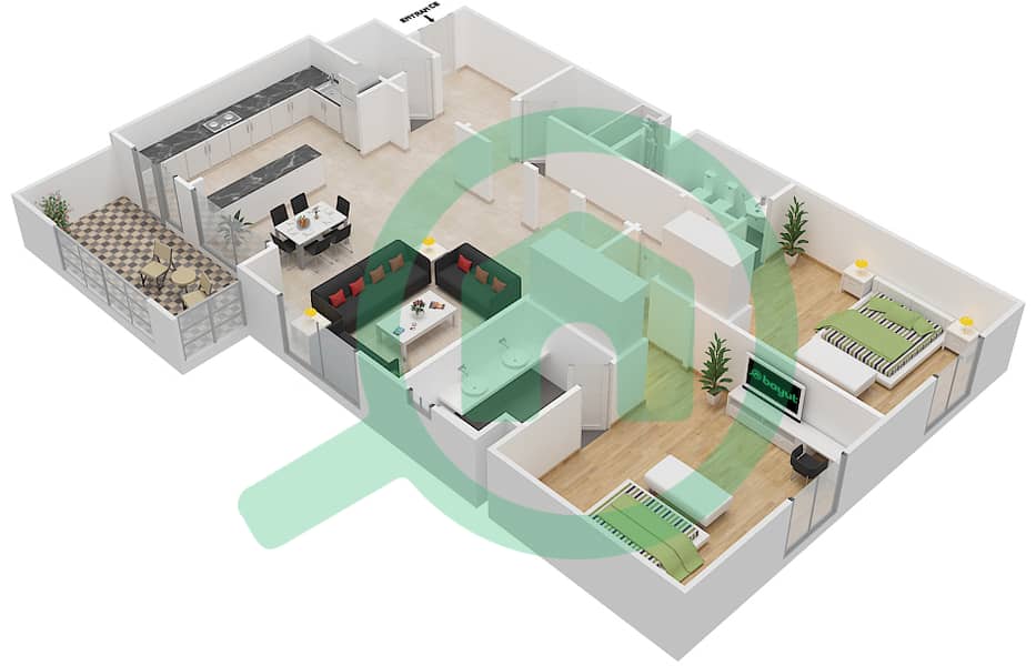 湖畔公寓A座 - 2 卧室公寓类型3戶型图 interactive3D