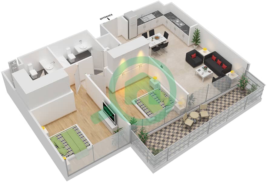 المخططات الطابقية لتصميم الوحدة 2 FLOOR 2-14 شقة 2 غرفة نوم - بيتش فيستا 2 interactive3D